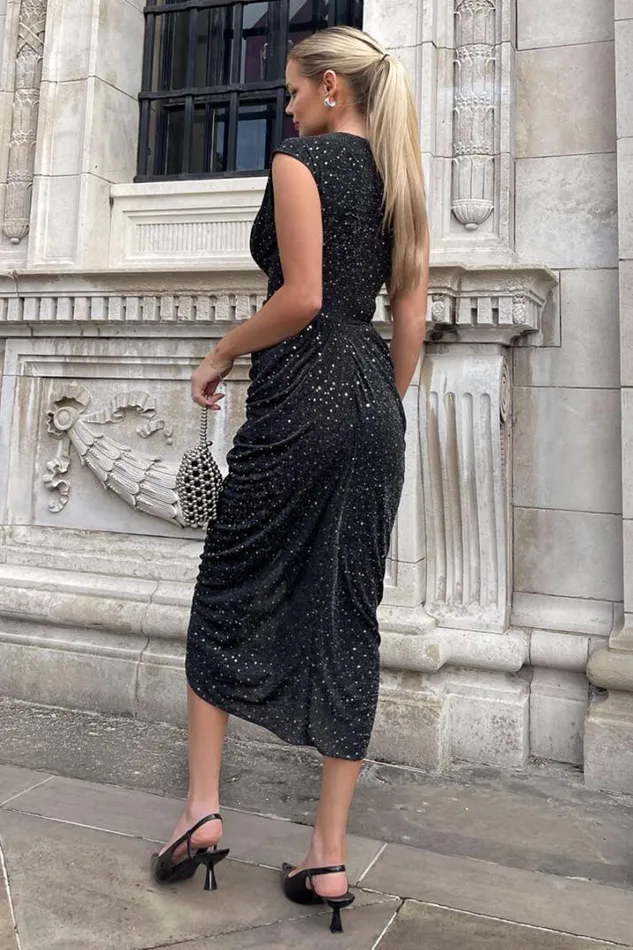 AX Paris Dresses Black Glitter Wrap Draped Midi Dress