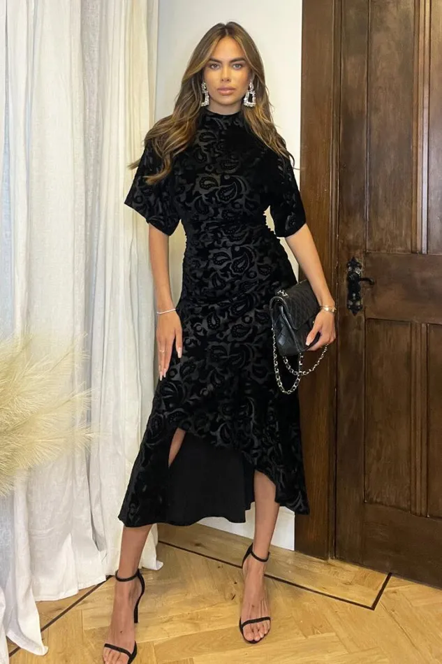AX Paris Dresses Black Jacquard Velvet Asymmetrical Hem High Neck Midi Dress