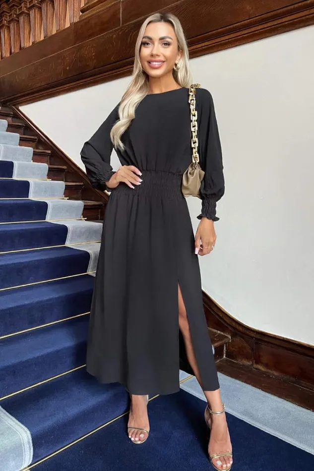 AX Paris Dresses Black Long Sleeve Shirred Detail Midi Dress