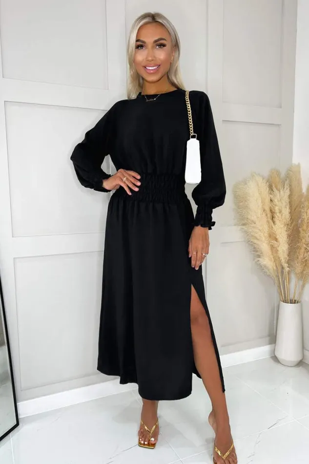 AX Paris Dresses Black Long Sleeve Shirred Detail Midi Dress