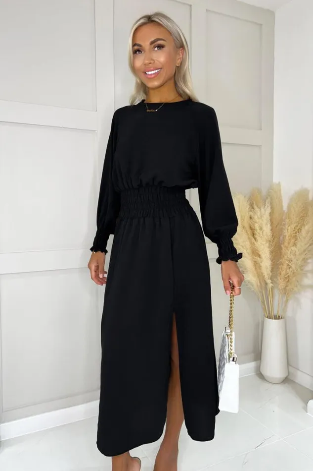 AX Paris Dresses Black Long Sleeve Shirred Detail Midi Dress