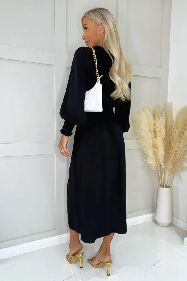 AX Paris Dresses Black Long Sleeve Shirred Detail Midi Dress