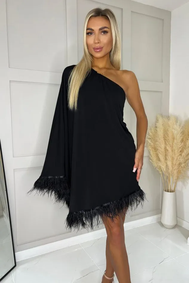 AX Paris Dresses Black One Shoulder Batwing Sleeve Faux Feather Hem Dress