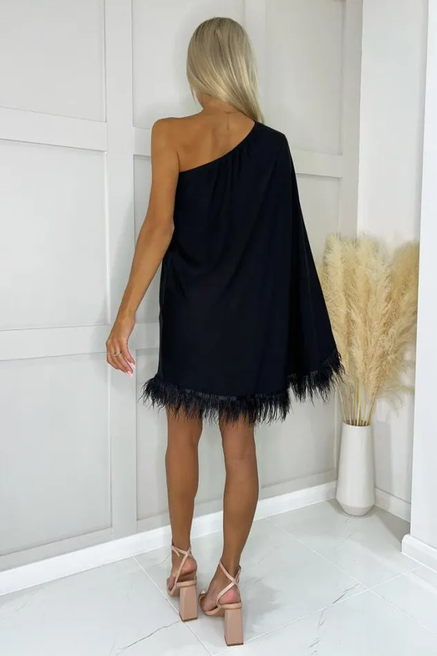 AX Paris Dresses Black One Shoulder Batwing Sleeve Faux Feather Hem Dress
