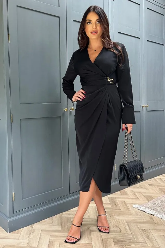 AX Paris Dresses Black Wrap Gold Buckle Midi Dress