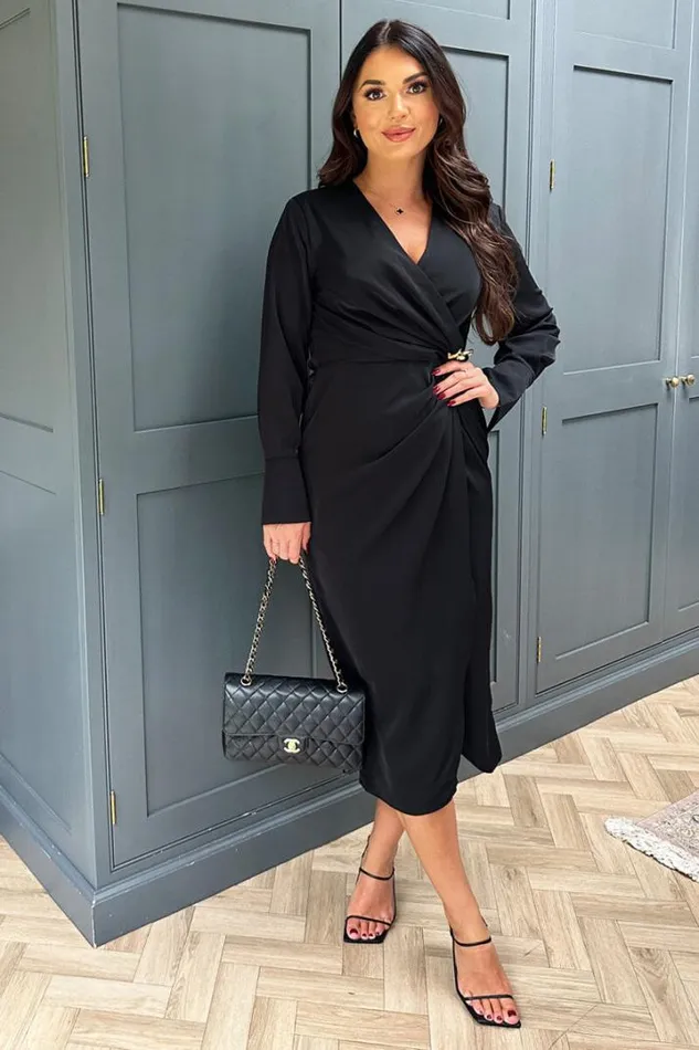AX Paris Dresses Black Wrap Gold Buckle Midi Dress
