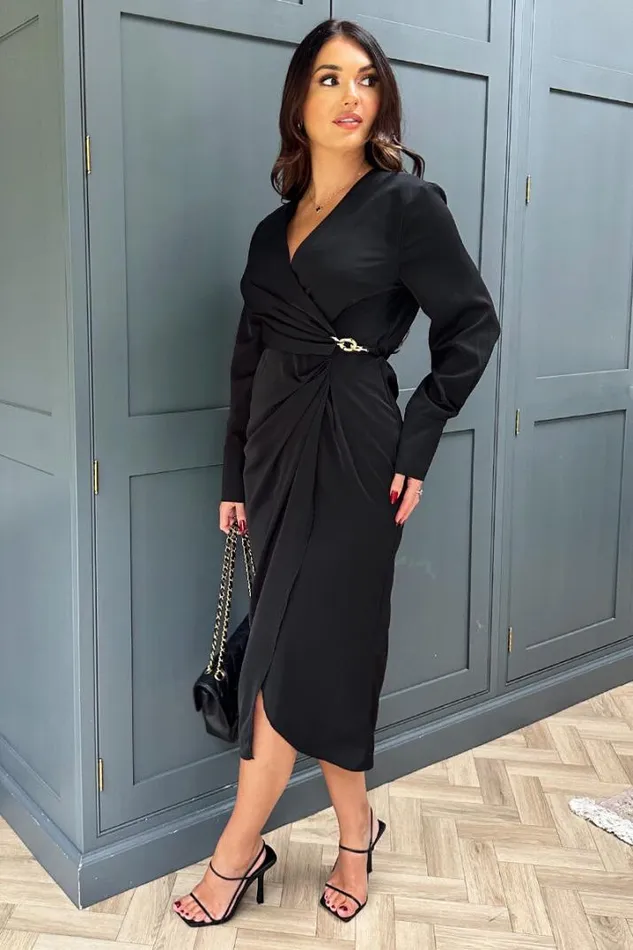 AX Paris Dresses Black Wrap Gold Buckle Midi Dress