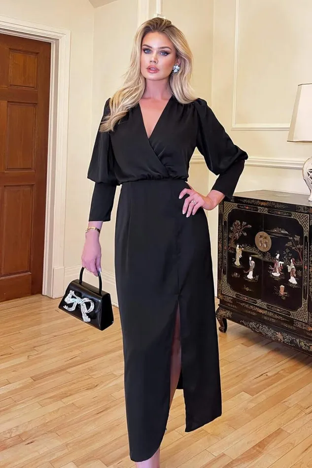 AX Paris Dresses Black Wrap Top Long Sleeve Midi Dress