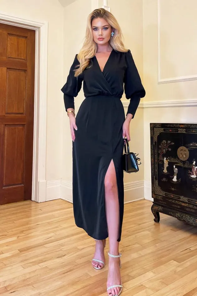 AX Paris Dresses Black Wrap Top Long Sleeve Midi Dress