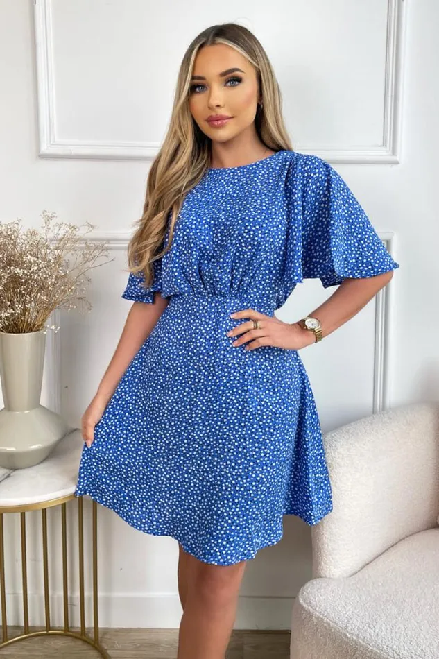AX Paris Dresses Blue Ditsy Printed Butterfly Sleeve Mini Dress