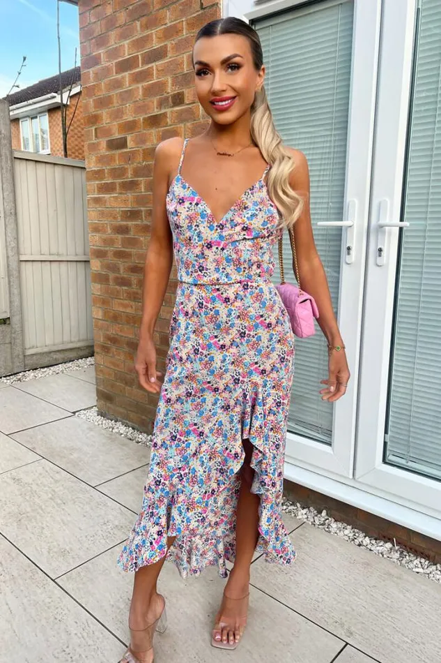 AX Paris Dresses Blue Floral Frill Hem Strappy Midi Dress