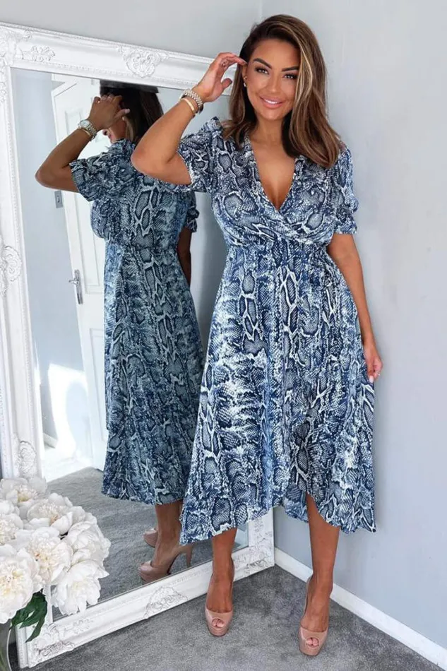 AX Paris Dresses Blue Snake Print Tie Side Wrap Midi Dress
