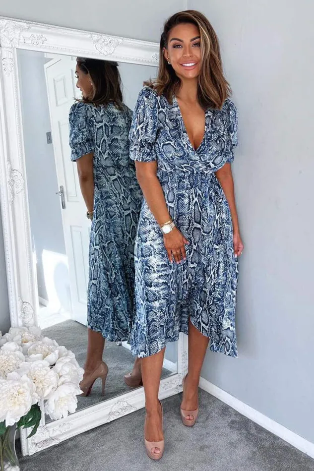 AX Paris Dresses Blue Snake Print Tie Side Wrap Midi Dress