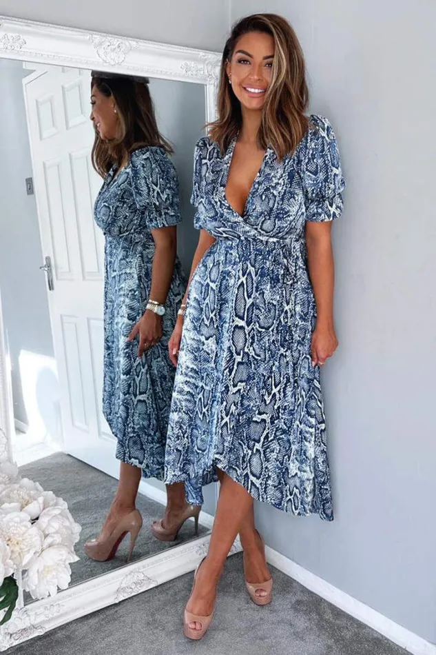 AX Paris Dresses Blue Snake Print Tie Side Wrap Midi Dress