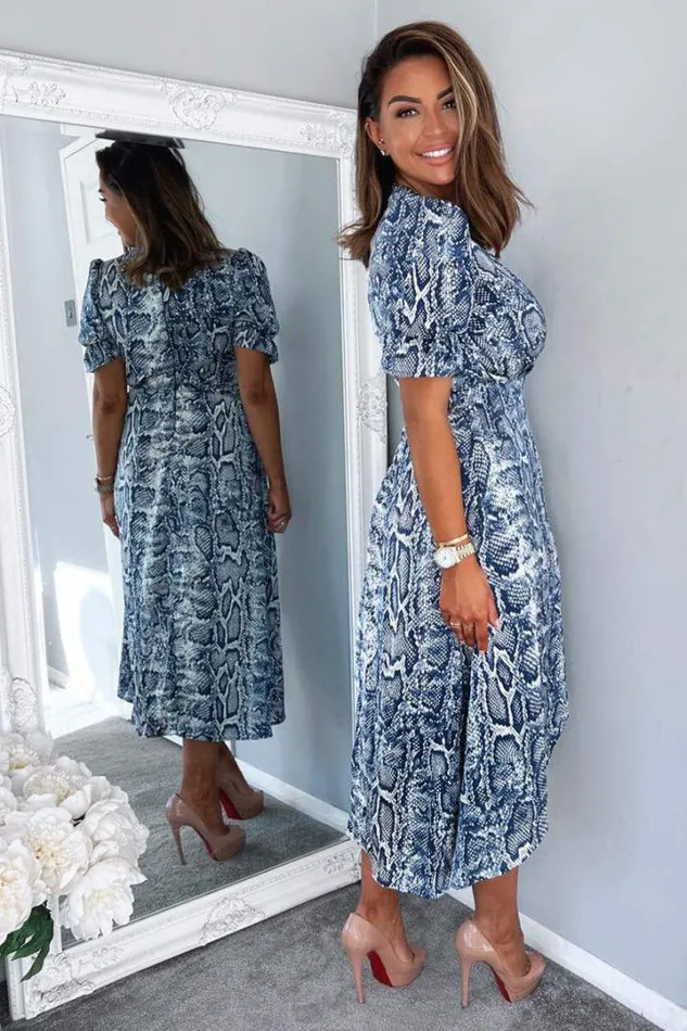 AX Paris Dresses Blue Snake Print Tie Side Wrap Midi Dress