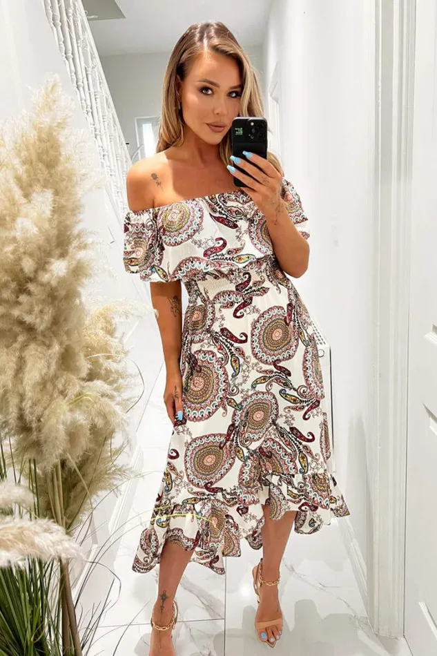 AX Paris Dresses Cream Paisley Printed Bardot Style Midi Dress