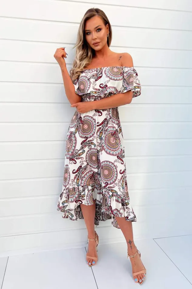 AX Paris Dresses Cream Paisley Printed Bardot Style Midi Dress
