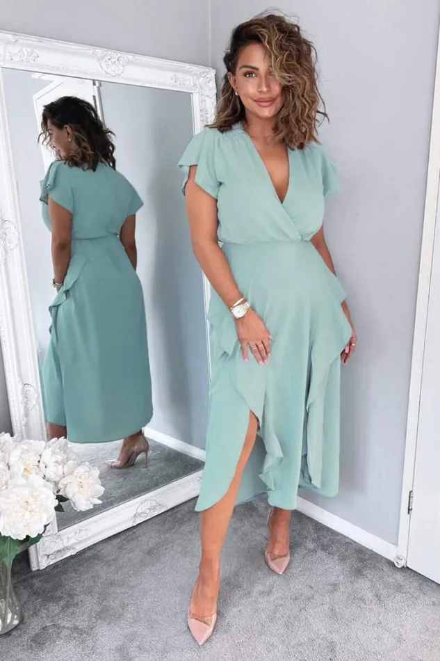 AX Paris Dresses Duck Egg Frill Detail Double Split Skirt Midi Dress