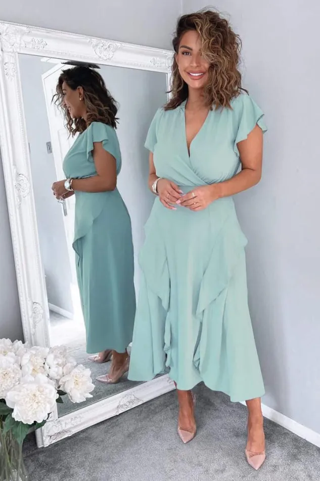 AX Paris Dresses Duck Egg Frill Detail Double Split Skirt Midi Dress