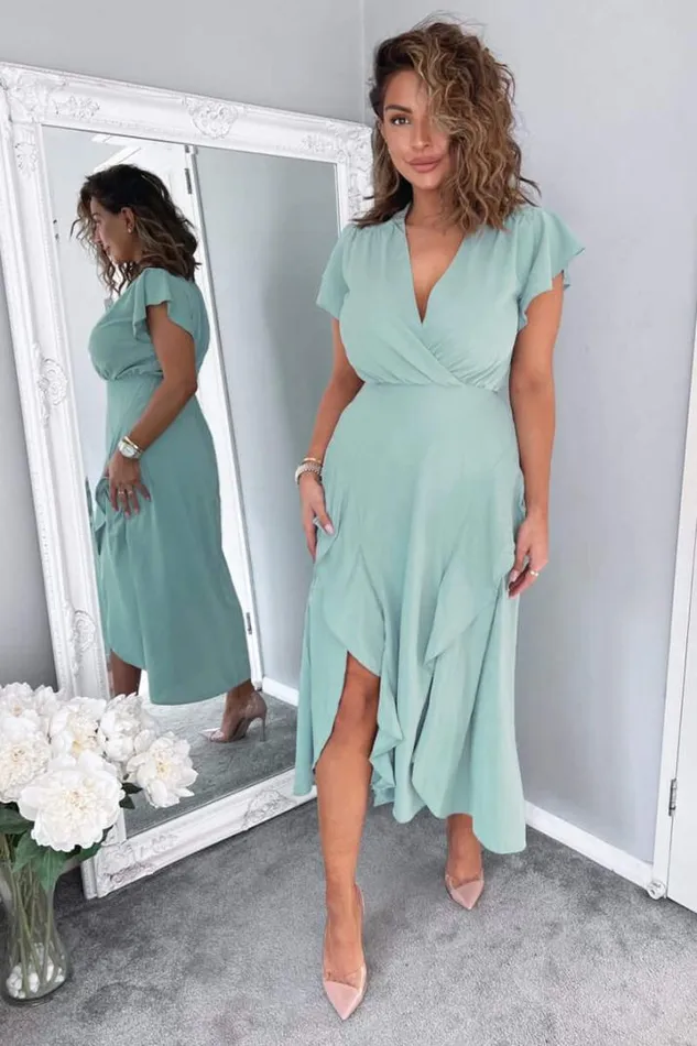AX Paris Dresses Duck Egg Frill Detail Double Split Skirt Midi Dress