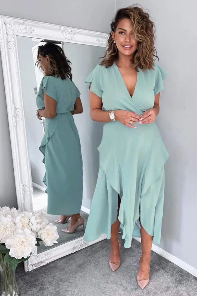 AX Paris Dresses Duck Egg Frill Detail Double Split Skirt Midi Dress