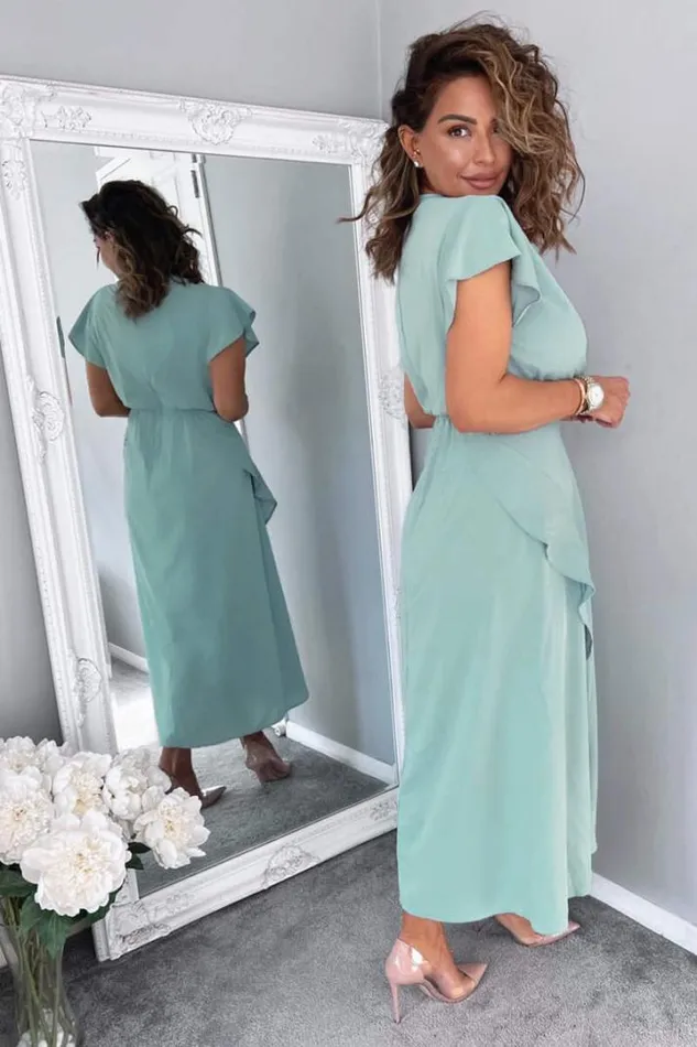 AX Paris Dresses Duck Egg Frill Detail Double Split Skirt Midi Dress