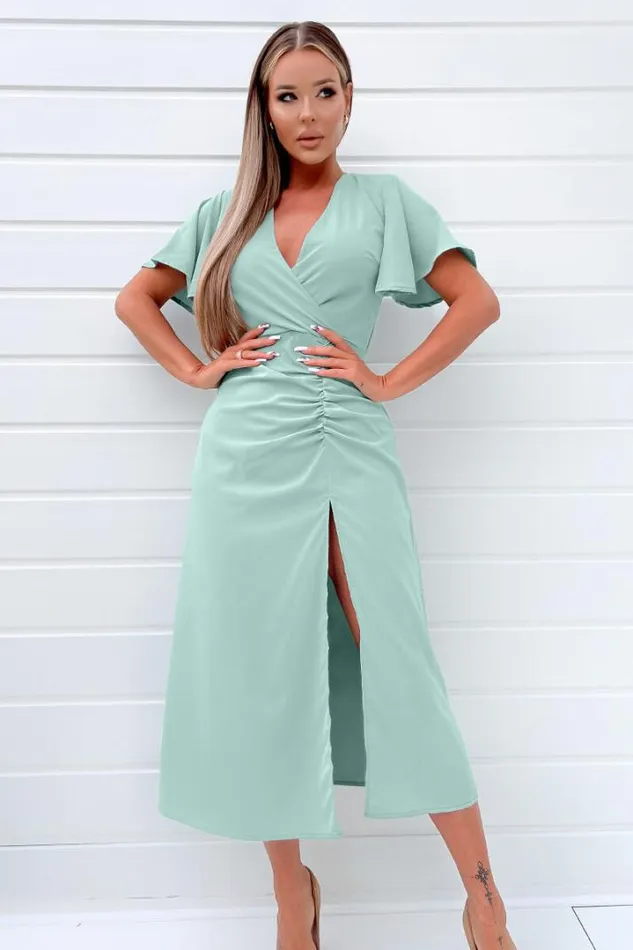 AX Paris Dresses Duck Egg Ruched Split Leg Midi Dress
