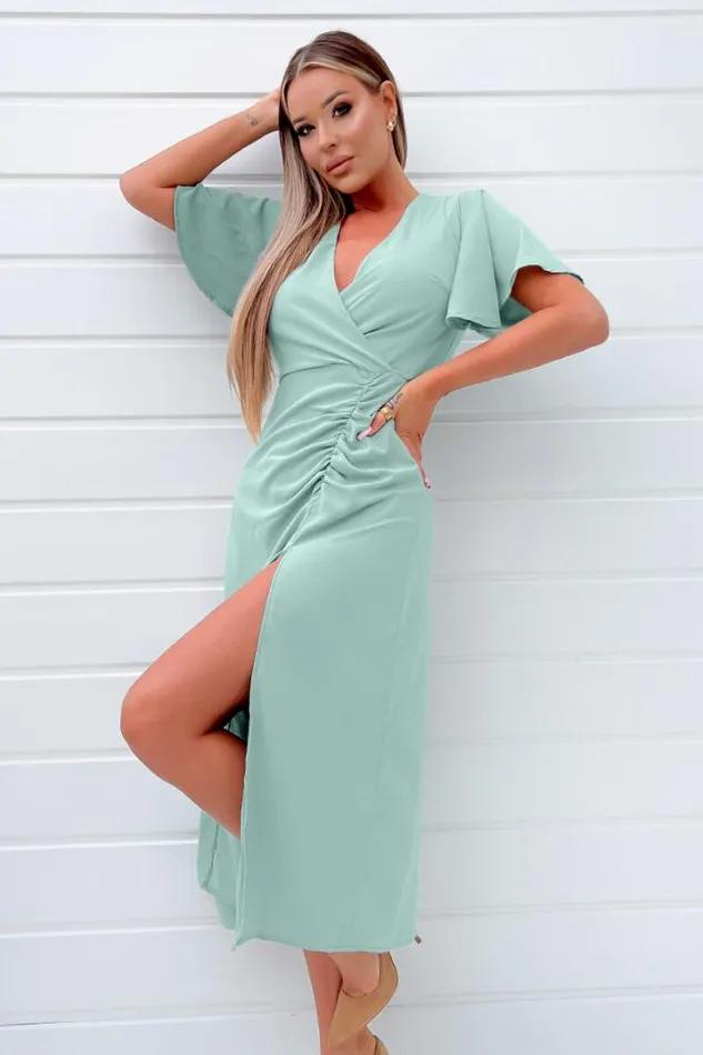 AX Paris Dresses Duck Egg Ruched Split Leg Midi Dress