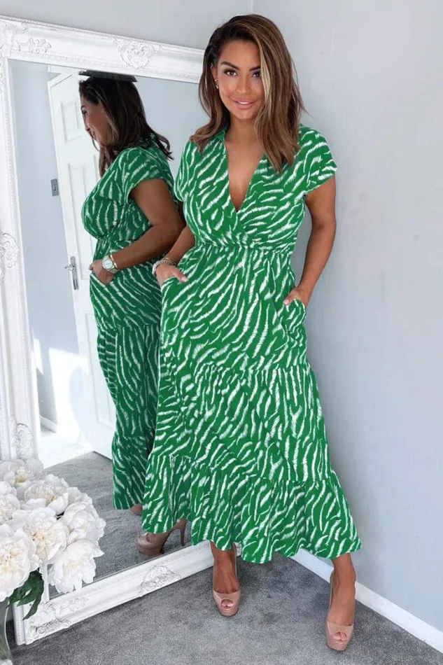 AX Paris Dresses Green And White Animal Print Collared Smock Midi Dress