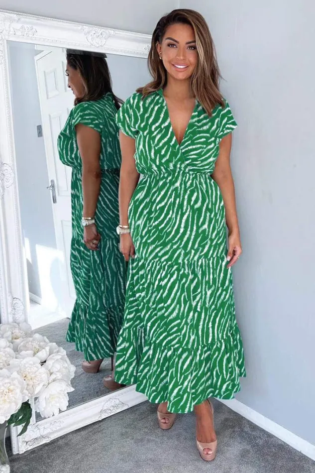 AX Paris Dresses Green And White Animal Print Collared Smock Midi Dress