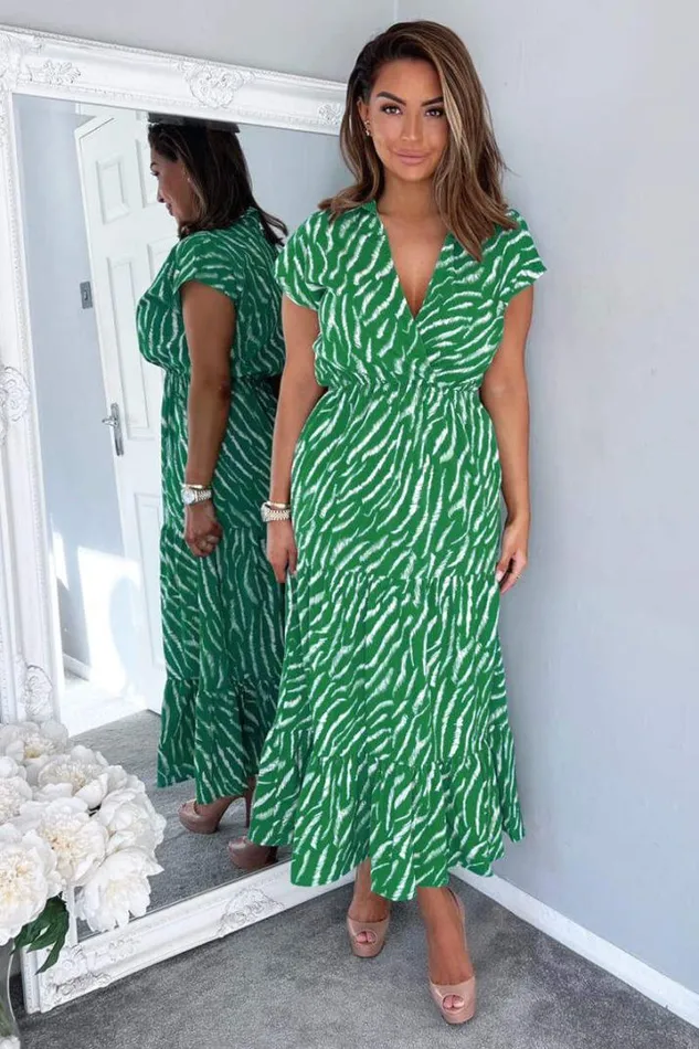 AX Paris Dresses Green And White Animal Print Collared Smock Midi Dress