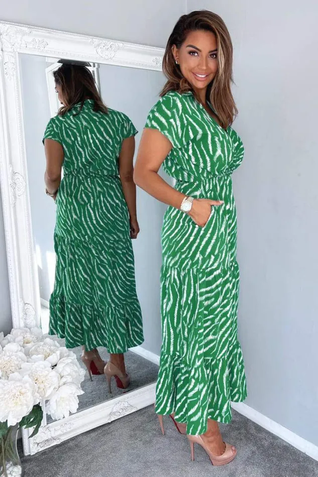 AX Paris Dresses Green And White Animal Print Collared Smock Midi Dress