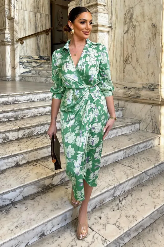 AX Paris Dresses Green Floral Wrap Shirt Midi Dress
