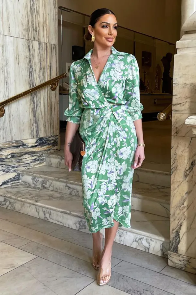 AX Paris Dresses Green Floral Wrap Shirt Midi Dress