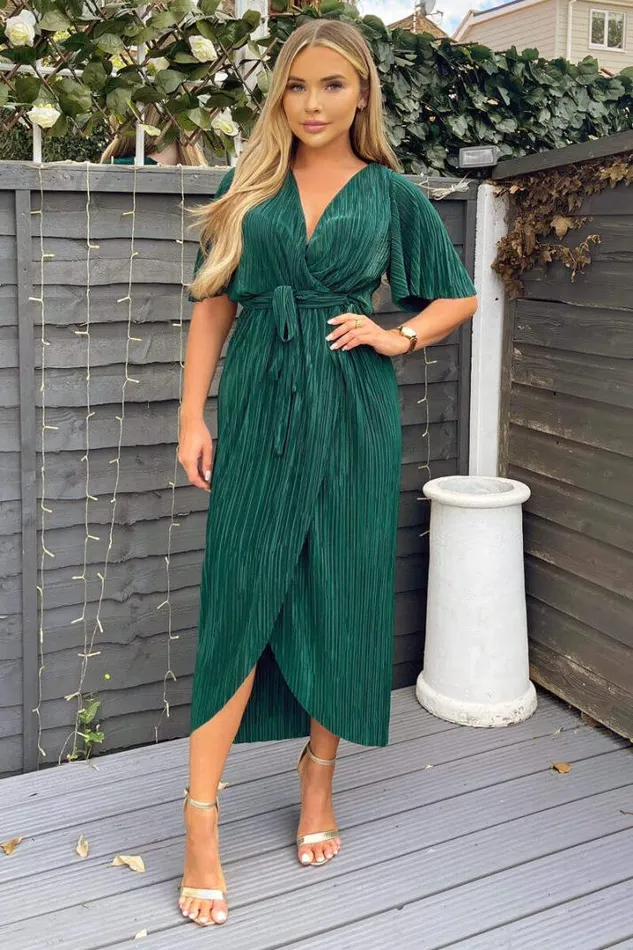 AX Paris Dresses Green Wrap Top Belted Short Sleeve Plisse Midi Dress