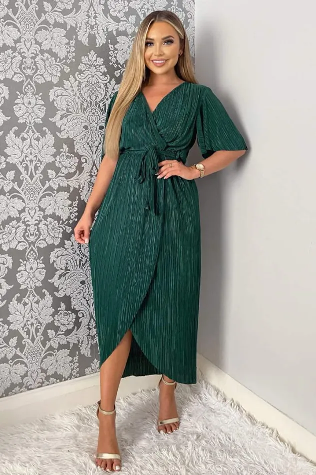 AX Paris Dresses Green Wrap Top Belted Short Sleeve Plisse Midi Dress