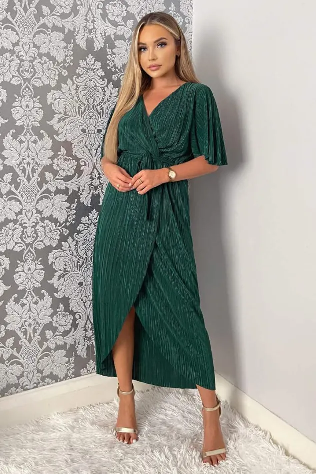 AX Paris Dresses Green Wrap Top Belted Short Sleeve Plisse Midi Dress