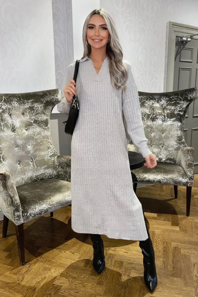 AX Paris Dresses Grey Knit Long Sleeve Collared Midi Dress