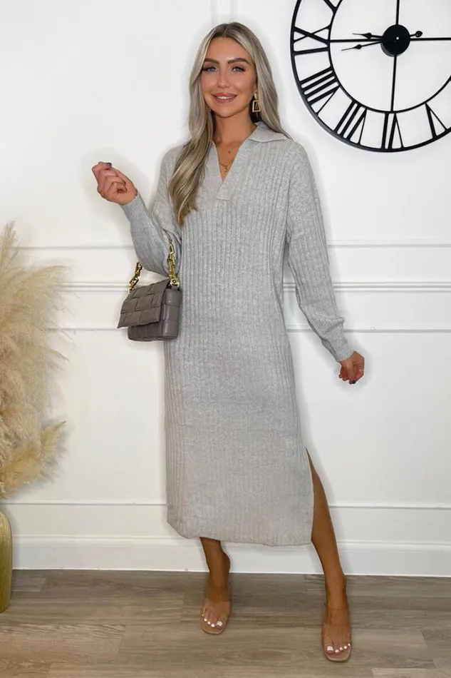 AX Paris Dresses Grey Knit Long Sleeve Collared Midi Dress
