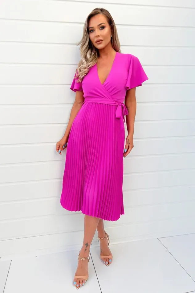 AX Paris Dresses Hot Pink Pleated Midi Dress With Tie Waist