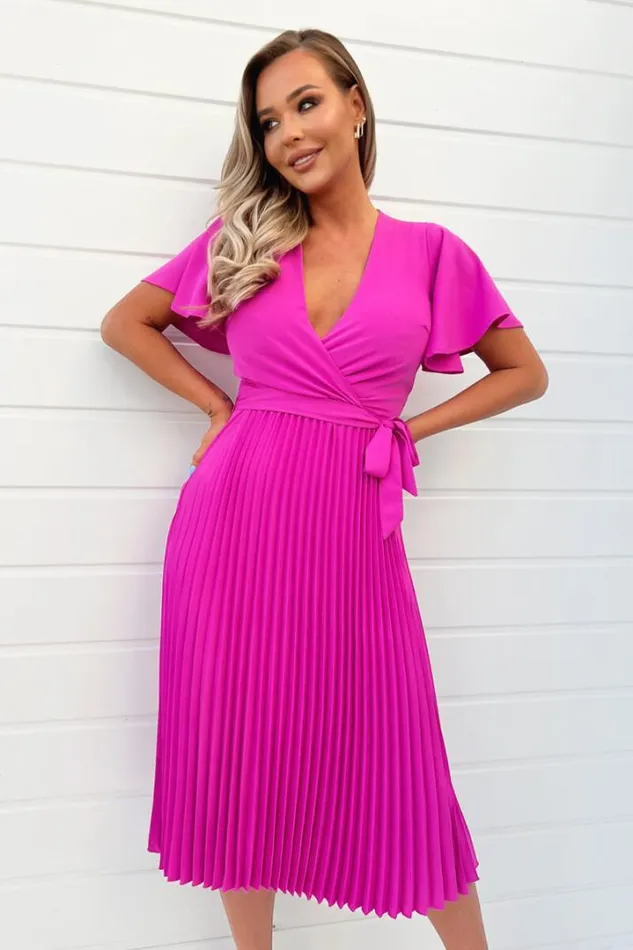 AX Paris Dresses Hot Pink Pleated Midi Dress With Tie Waist