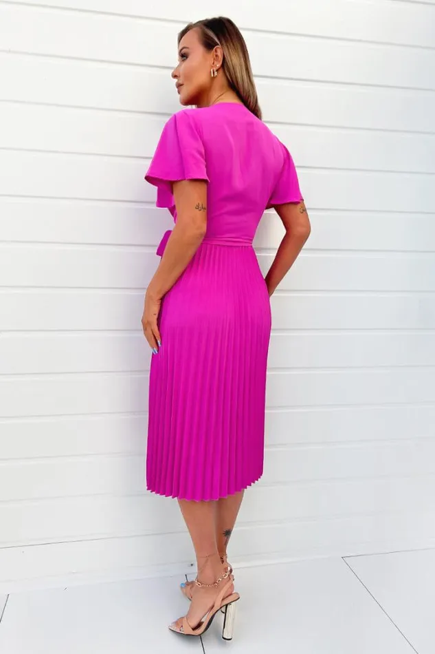 AX Paris Dresses Hot Pink Pleated Midi Dress With Tie Waist