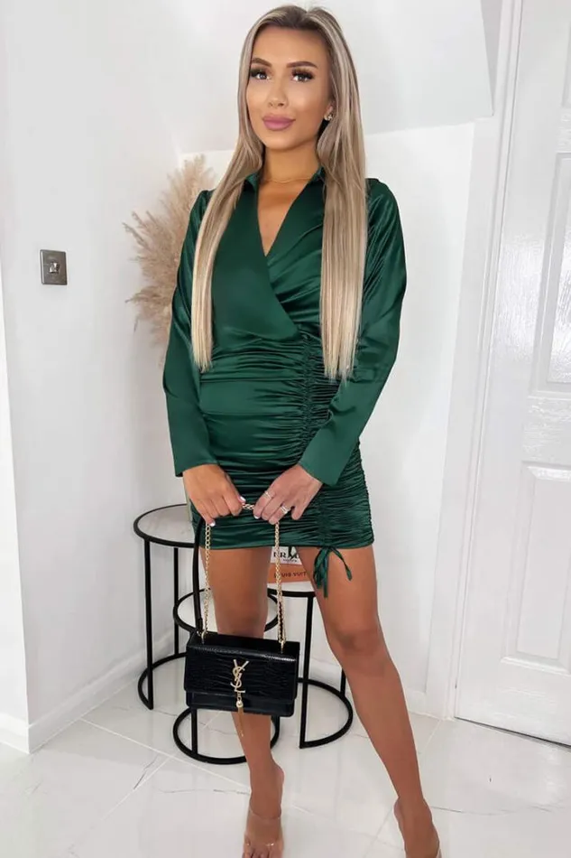 AX Paris Dresses Jade Green Satin Long Sleeve Wrap Top Ruched Mini Dress