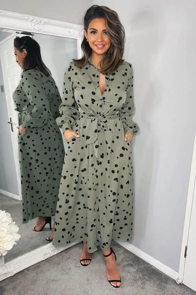 AX Paris Dresses Khaki Printed Button Up Midi Shirt Dress