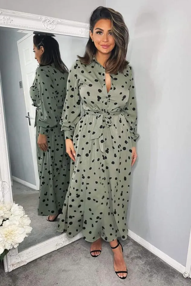 AX Paris Dresses Khaki Printed Button Up Midi Shirt Dress