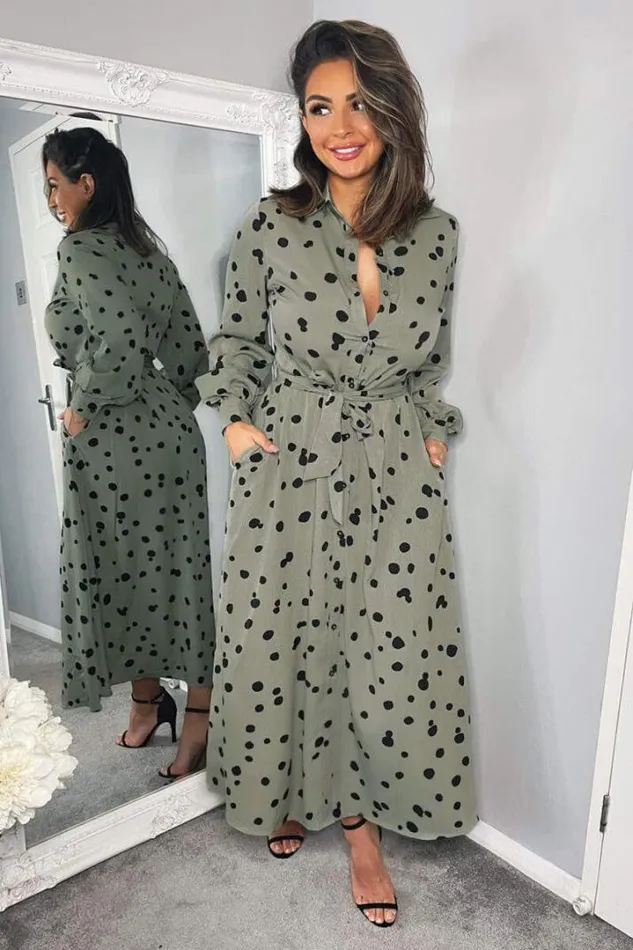 AX Paris Dresses Khaki Printed Button Up Midi Shirt Dress