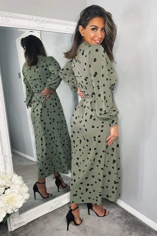 AX Paris Dresses Khaki Printed Button Up Midi Shirt Dress