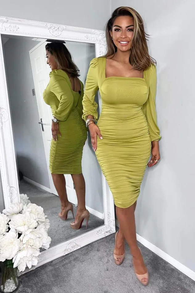 AX Paris Dresses Lime Square Neck Ruched Long Sleeve Midi Dress