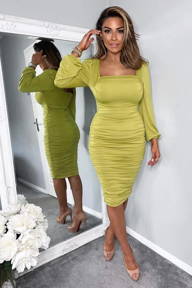 AX Paris Dresses Lime Square Neck Ruched Long Sleeve Midi Dress