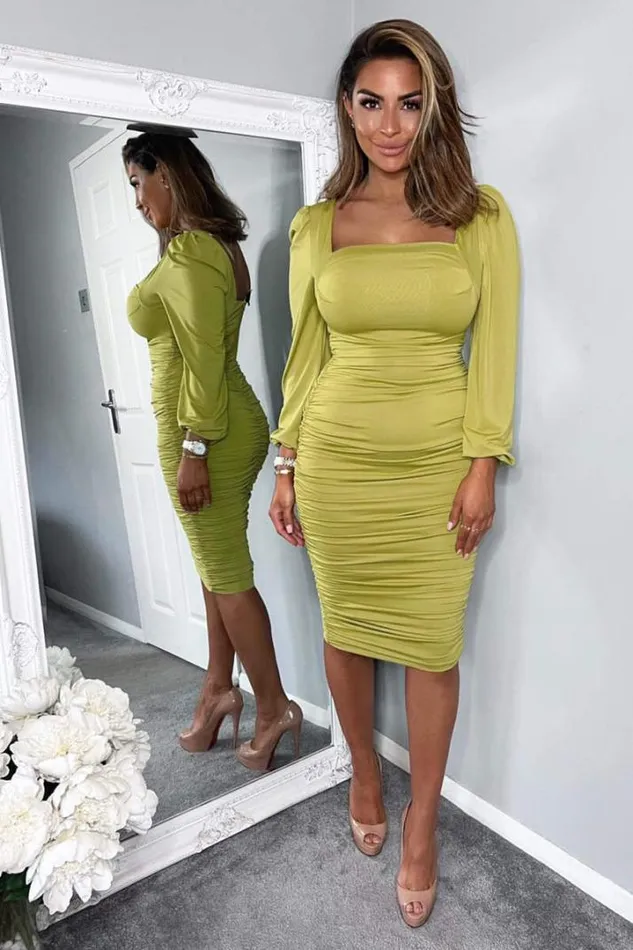AX Paris Dresses Lime Square Neck Ruched Long Sleeve Midi Dress